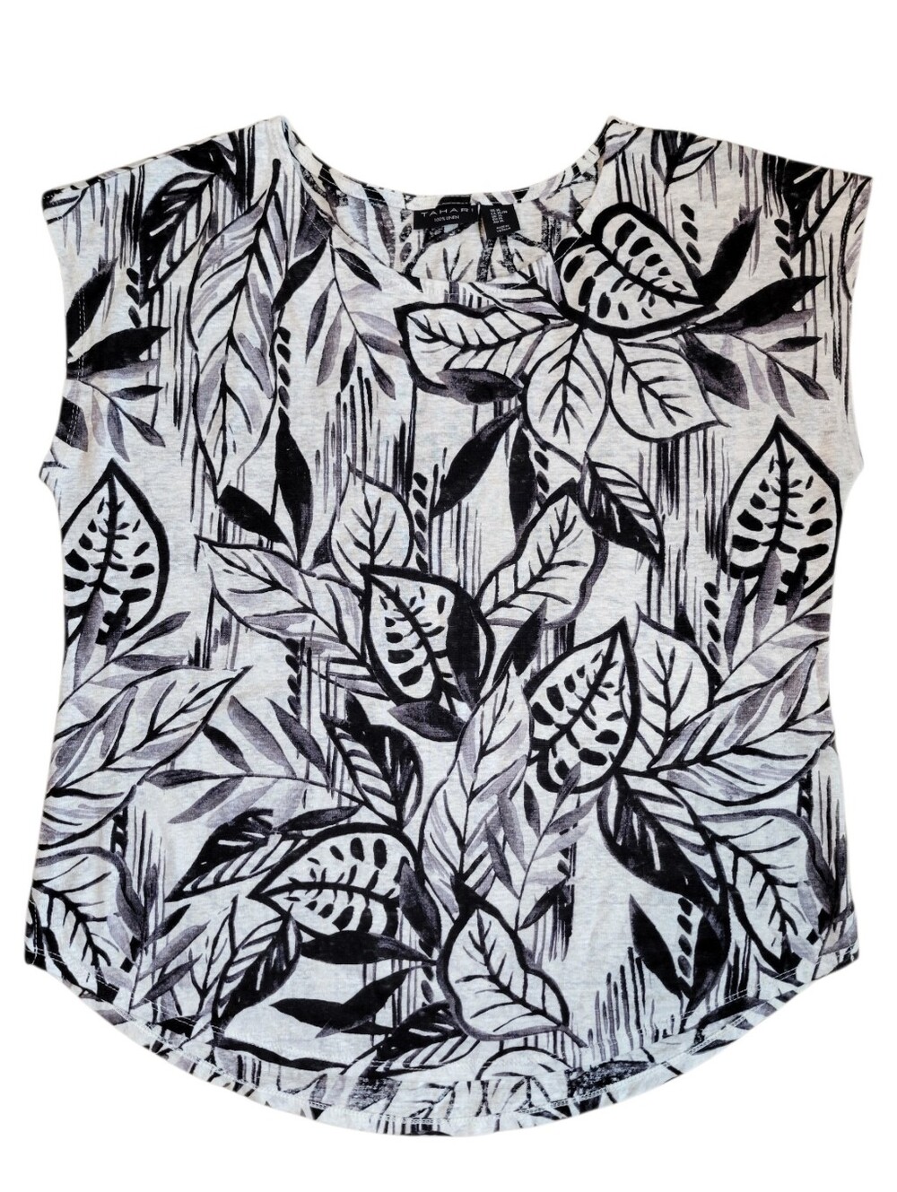 Tahari 100% Linen Slub Knit Black & White Leaf Print Tee Size XL